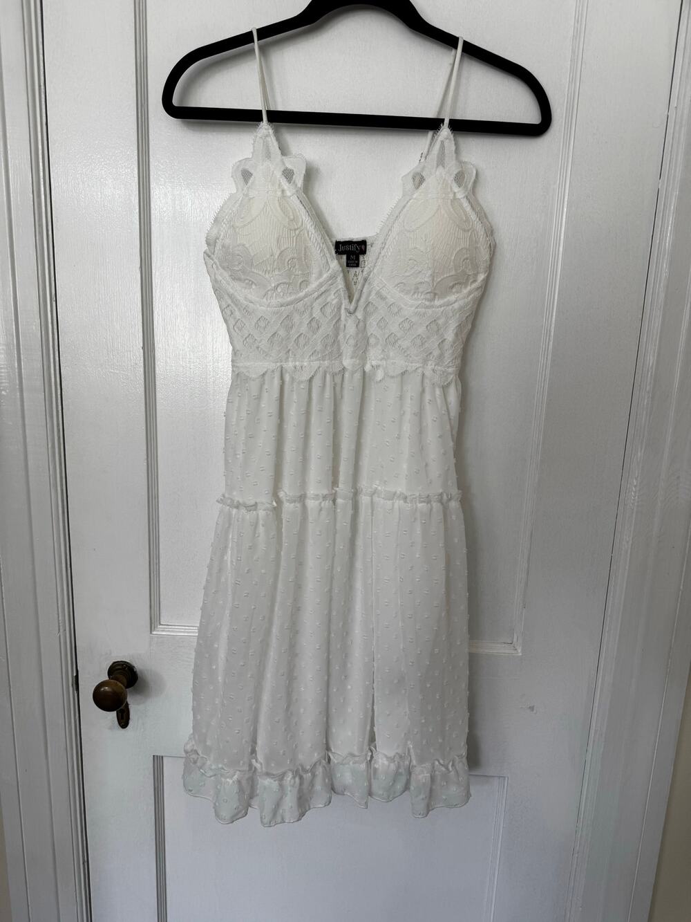 Justify White Lace Tiered Mini Sundress Swiss Dot Crochet Bra Cup Size Medium